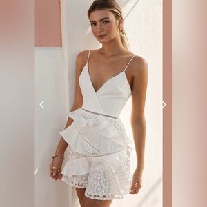 Taurus Floral Embroidery and Ruffle Trim Dress White